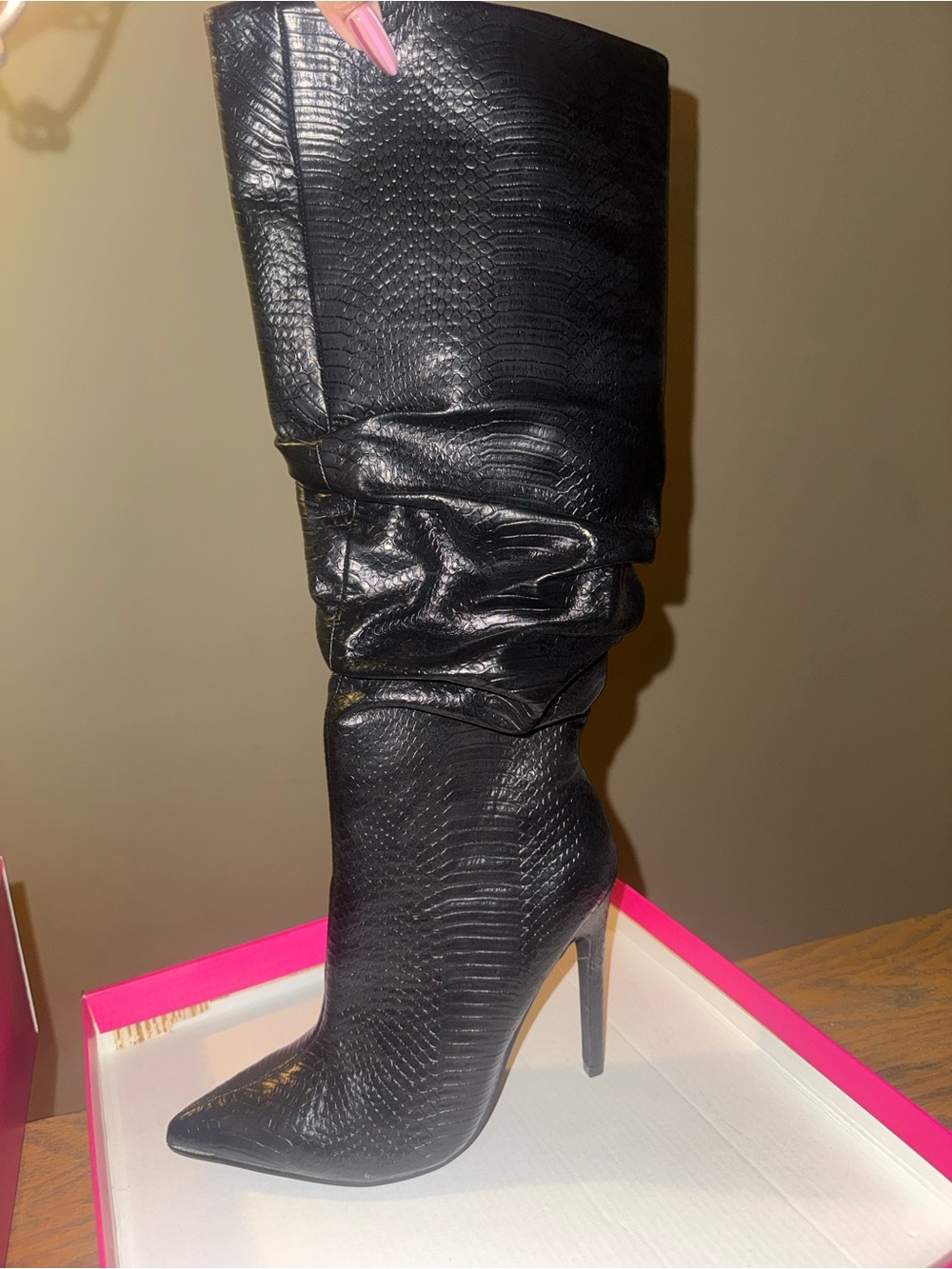 Shoe Dazzle Black Textured Pointed-Toe Knee-High Stiletto Boots